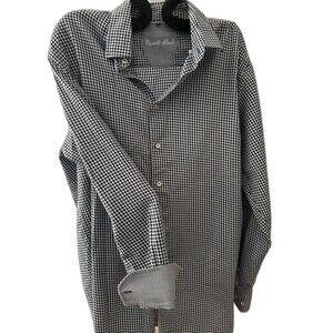 Visconti Black Mens Houndstooth Button Down LS shirt, Contrast Cuff, XXL